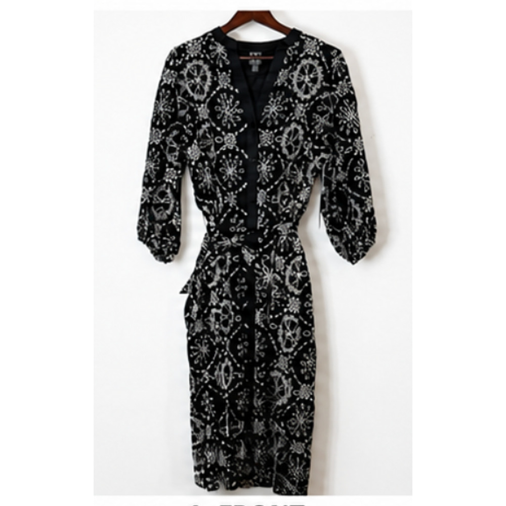 NWT XL Embroidered Floral Midi Dress Black Belted Puff Sleeve Shirt Dress Modest